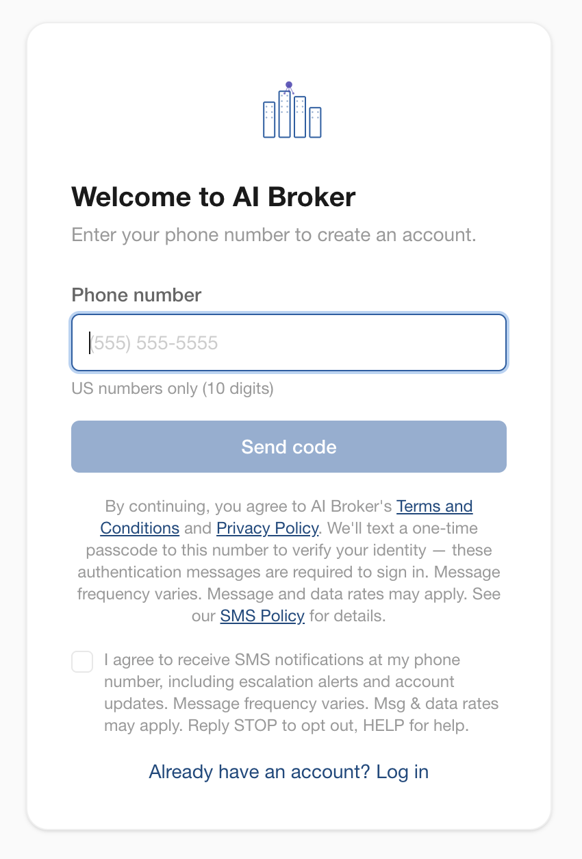 AptInquiry account registration form showing the unchecked, optional SMS notification consent checkbox with the opt-in language quoted above